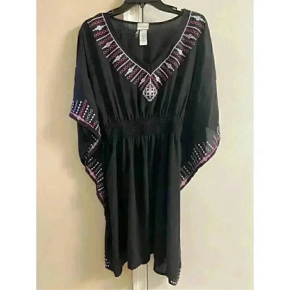 WEARABOUTS WOMEN'S Black Embroidered V Neck Sheer Coverup/Top - NOT_NWT, XL